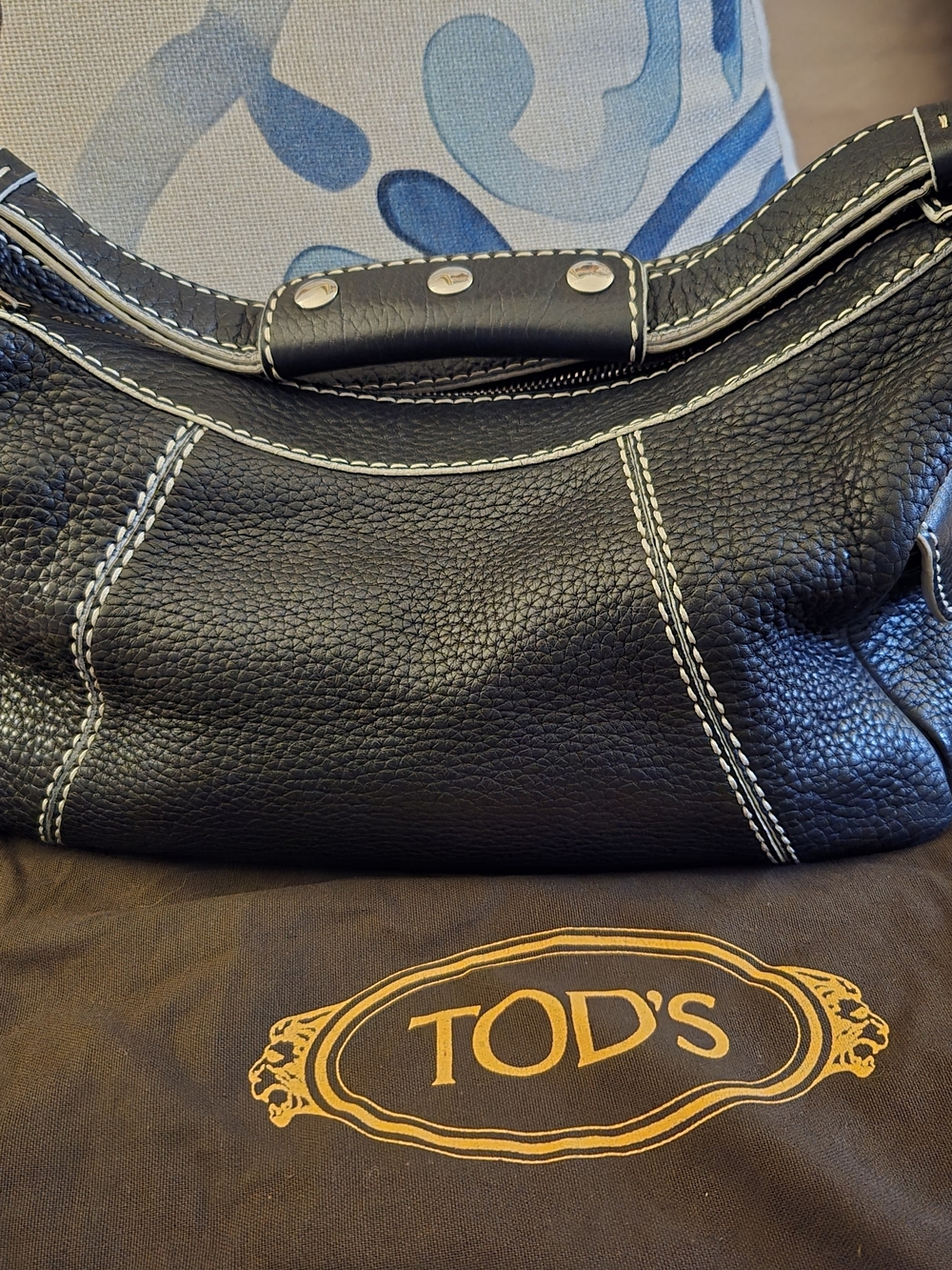 Tod's Black Leather Shoulder Bag with White Stitching